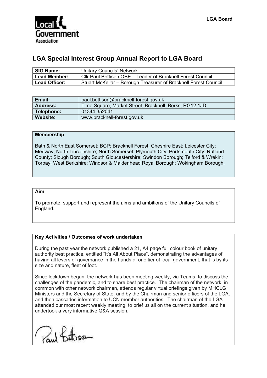 LGA Special Interest Group Annual Report to LGA Board