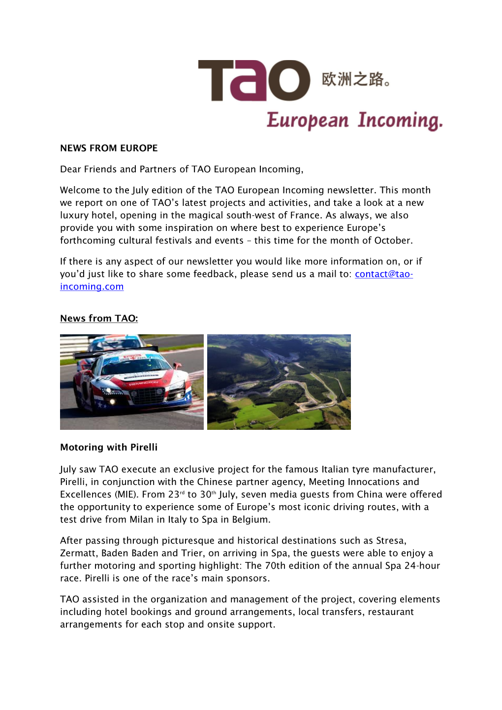 July Edition of the TAO European Incoming Newsletter