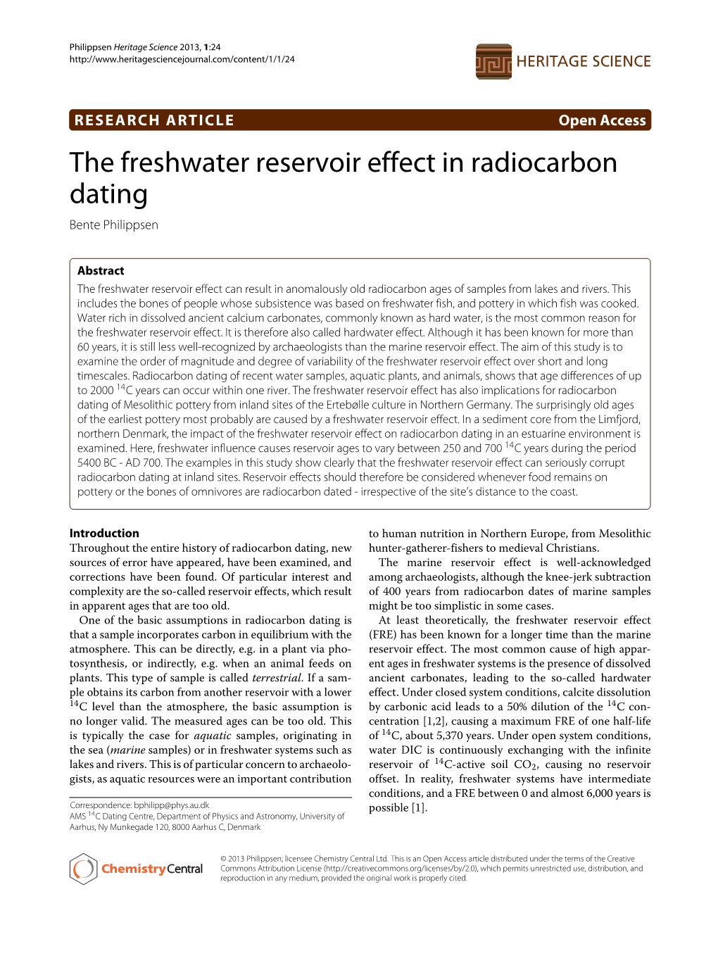 The Freshwater Reservoir Effect in Radiocarbon Dating Bente Philippsen