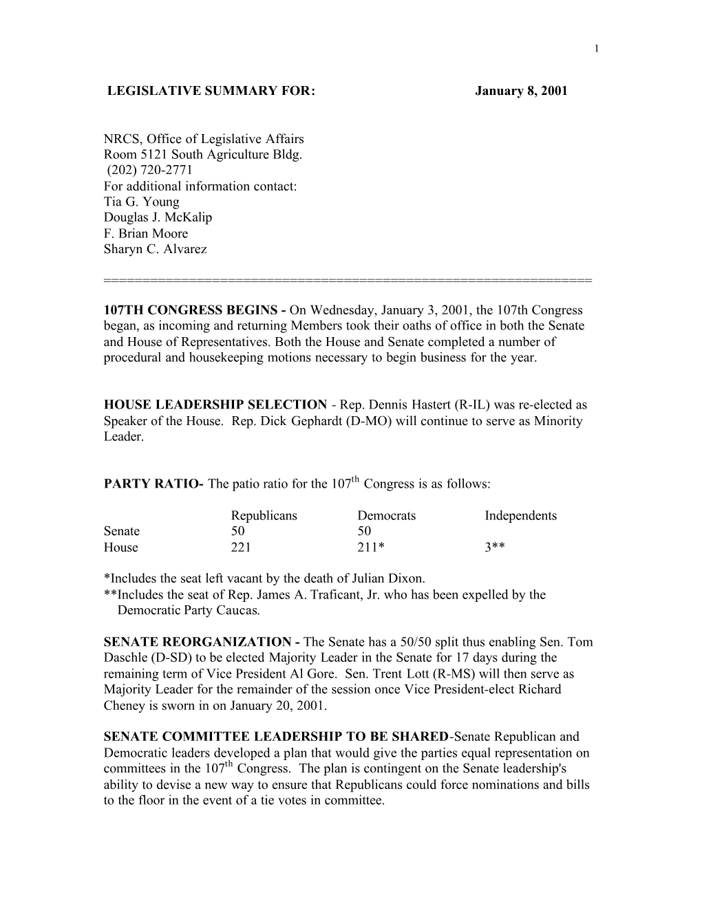 LEGISLATIVE SUMMARY FOR: January 8, 2001