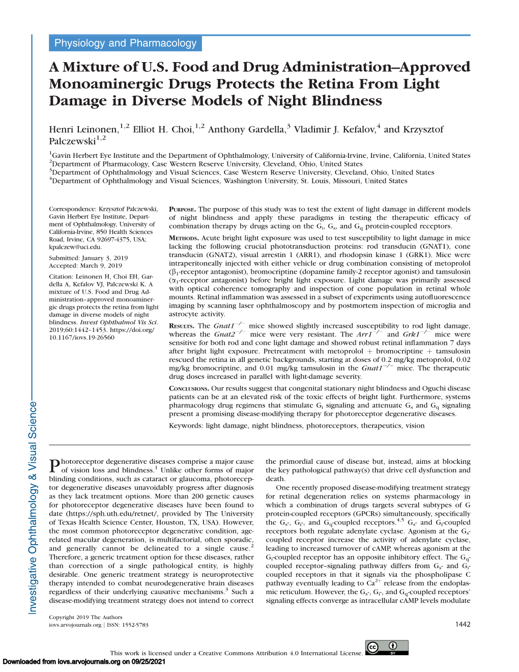 A Mixture of U.S. Food and Drug Administration–Approved Monoaminergic Drugs Protects the Retina from Light Damage in Diverse Models of Night Blindness