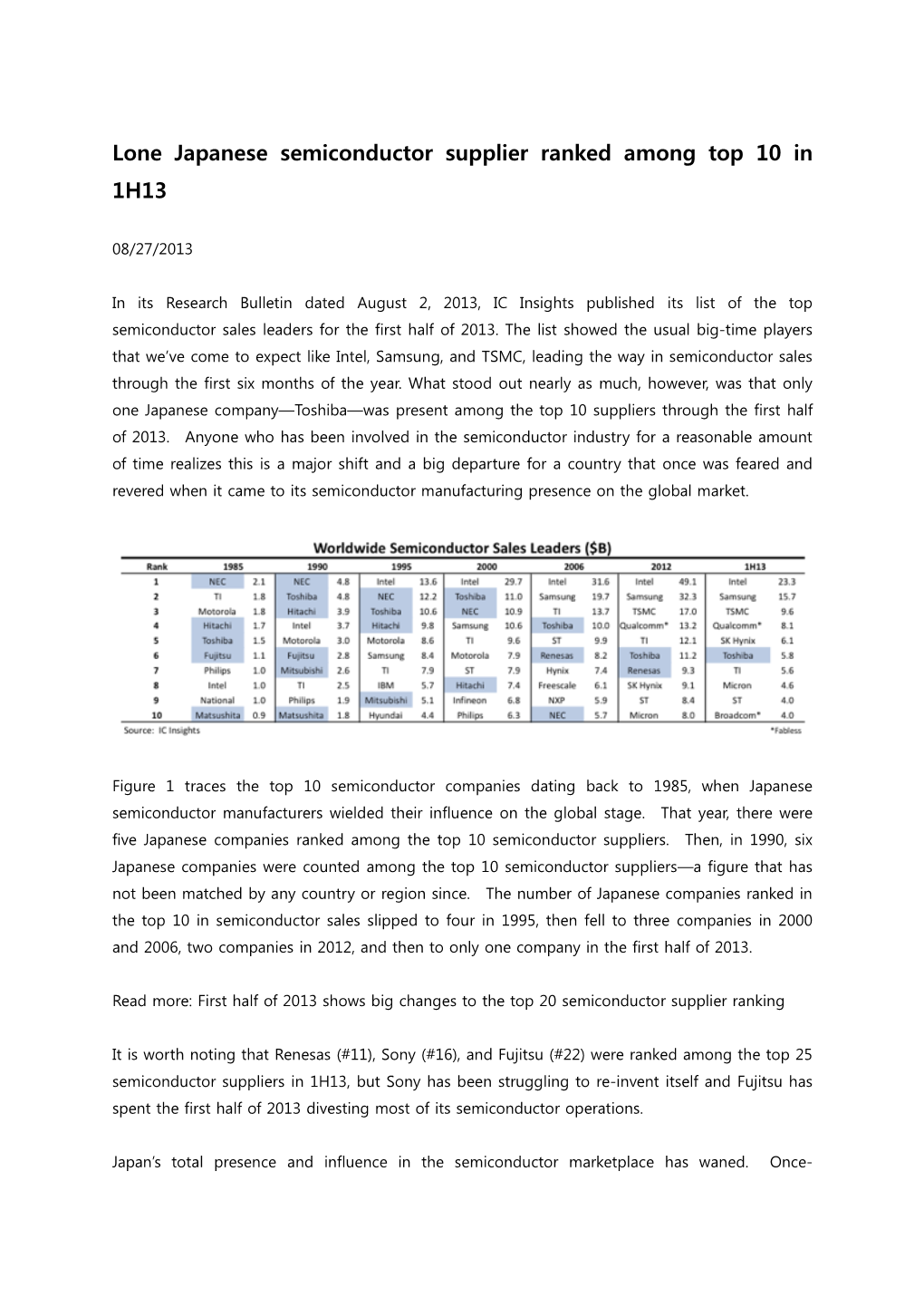 Lone Japanese Semiconductor Supplier Ranked Among Top 10 in 1H13