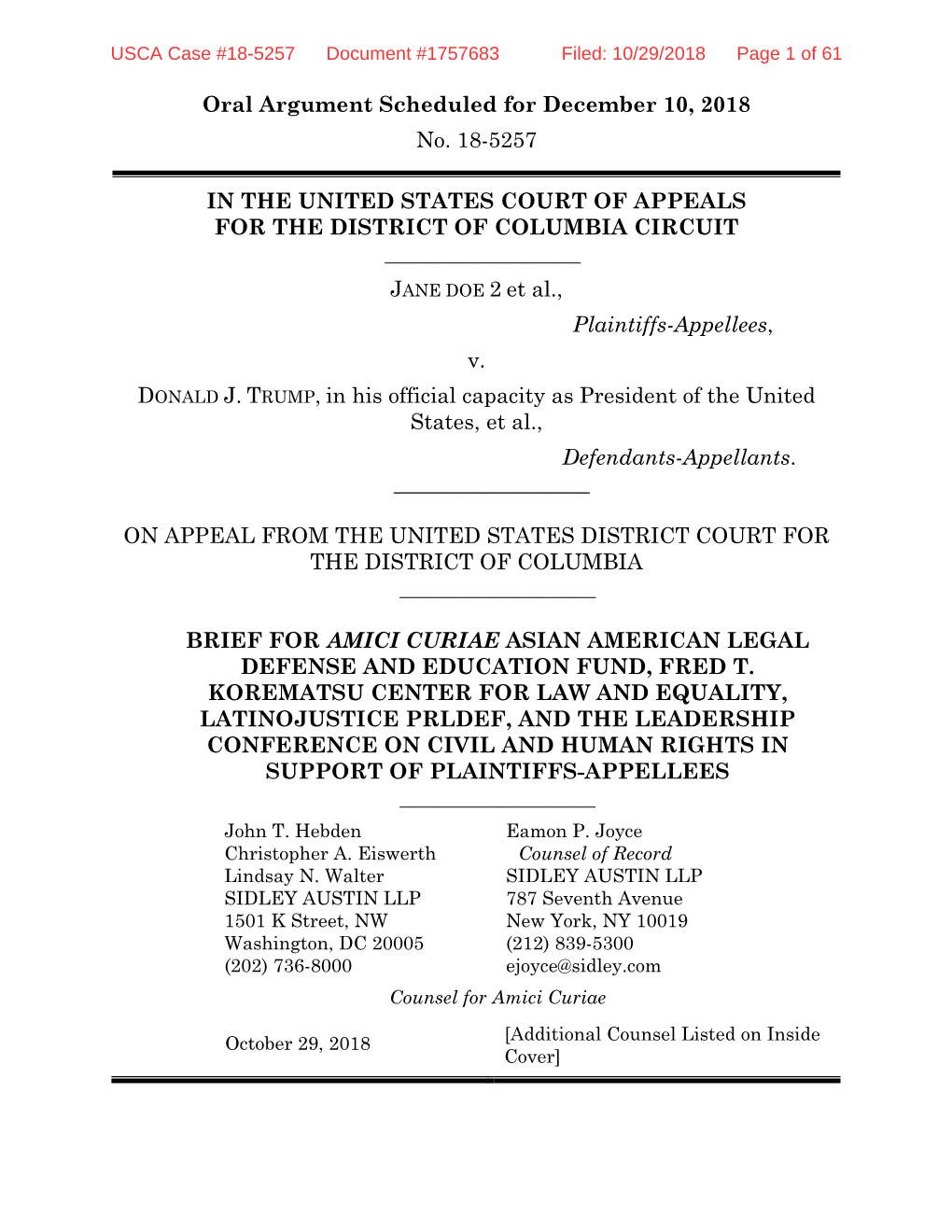 USCA Case #18-5257 Document #1757683 Filed: 10/29/2018 Page 1 of 61