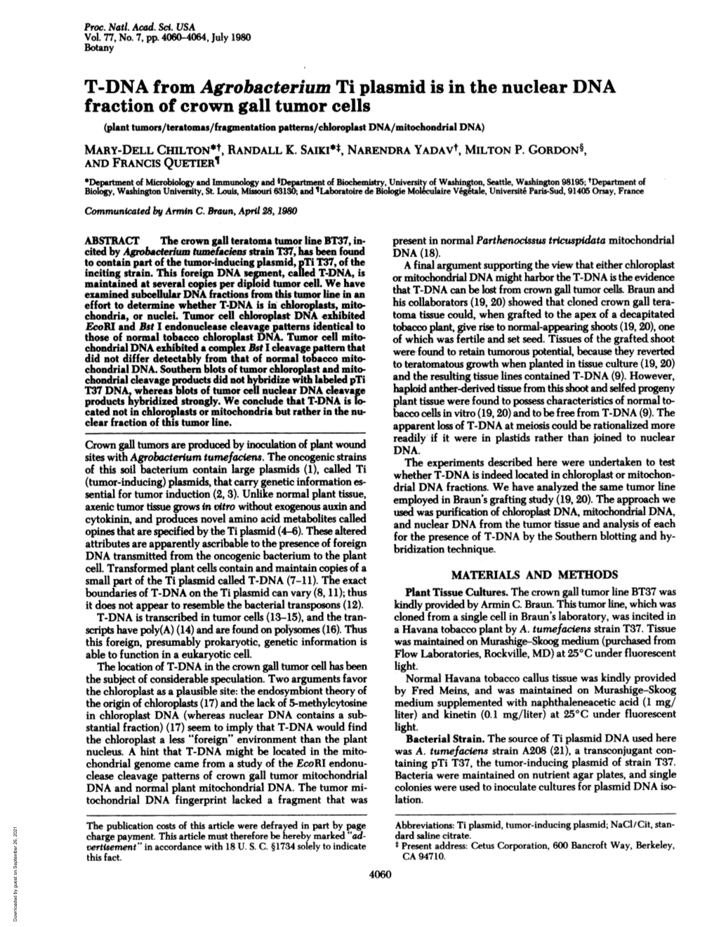 T-DNA from Agrobacterium Ti Plasmid Is in the Nuclear