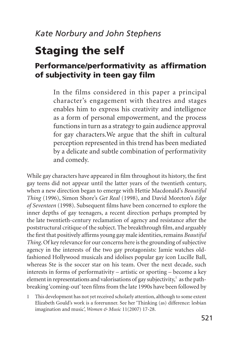 Staging the Self Performance/Performativity As Affirmation of Subjectivity in Teen Gay Film