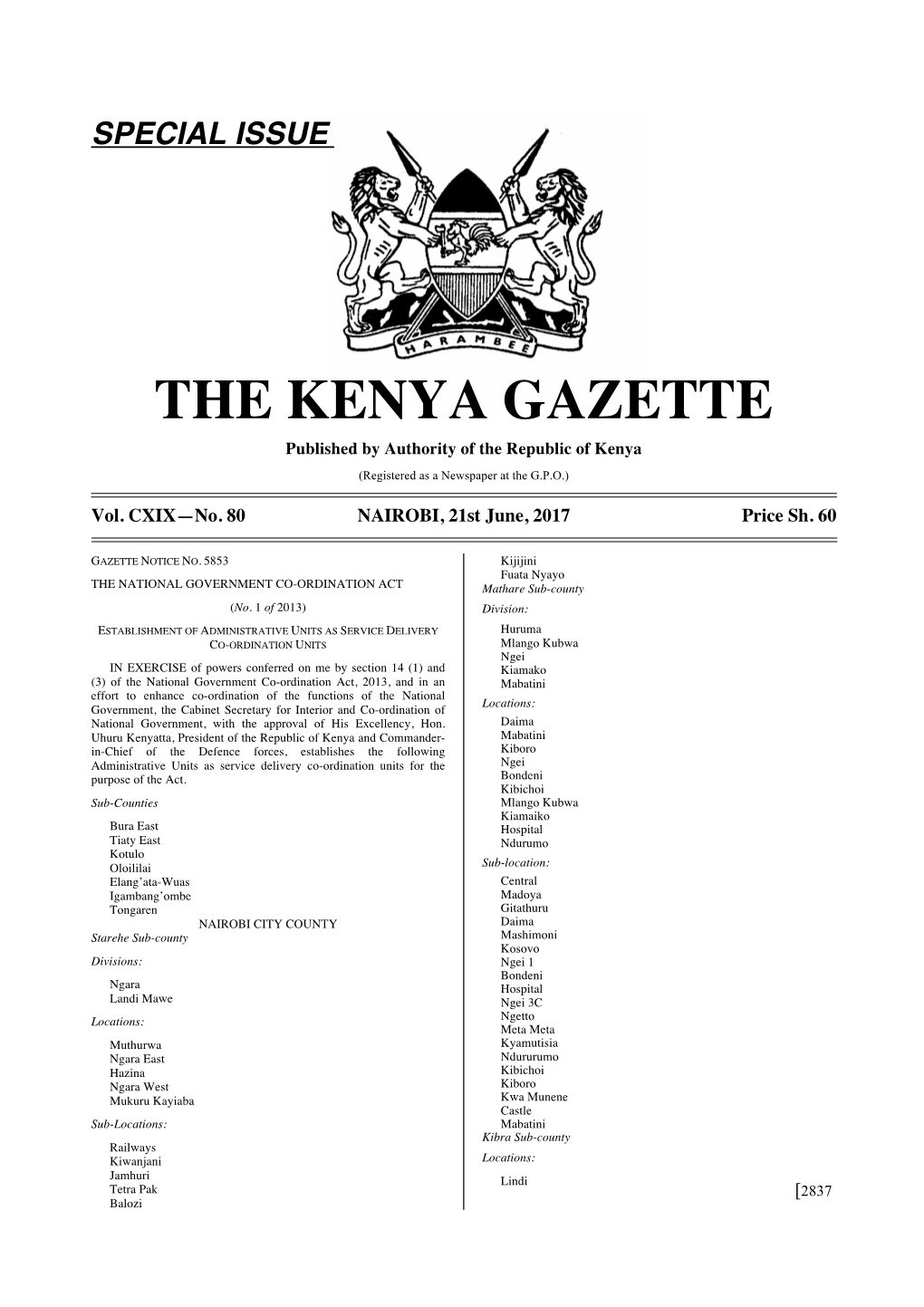 THE KENYA GAZETTE Published by Authority of the Republic of Kenya (Registered As a Newspaper at the G.P.O.)