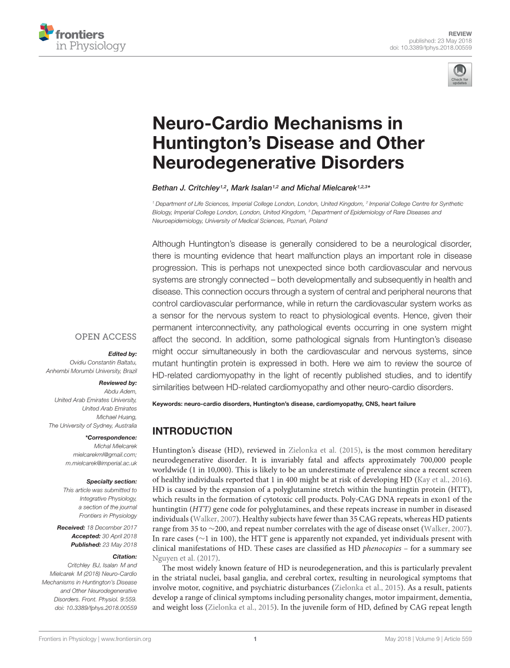 Neuro-Cardio Mechanisms in Huntington's Disease and Other