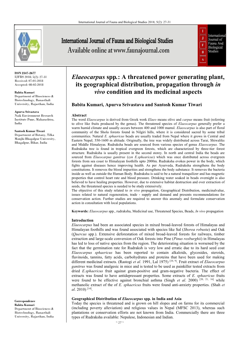 Elaeocarpus Spp.: a Threatened Power Generating Plant, Its Geographical