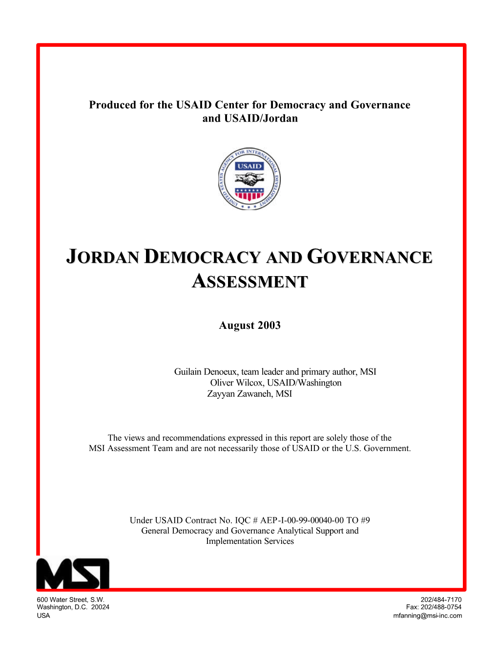 Jordan Democracy and Governance Assessment