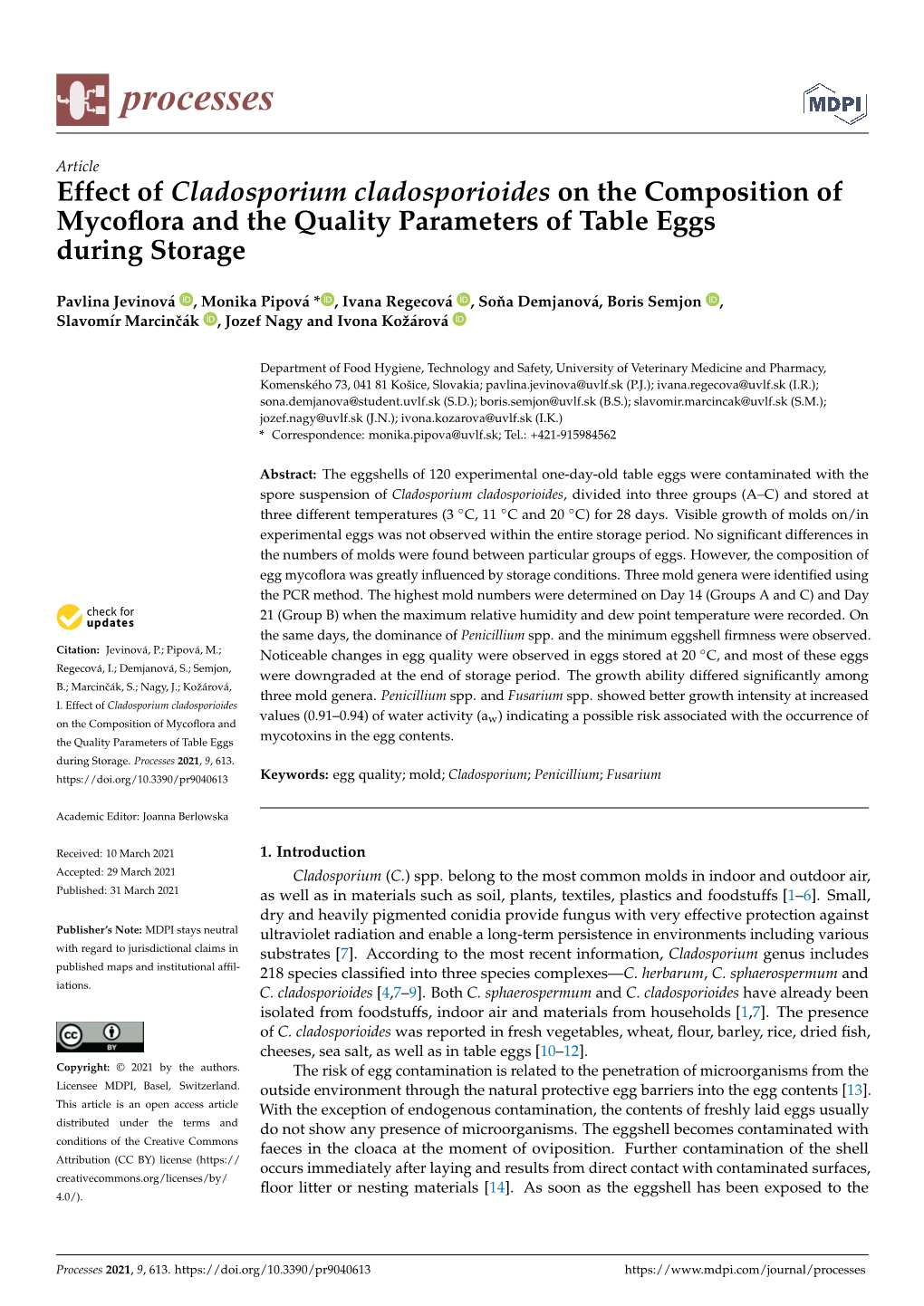 Effect of Cladosporium Cladosporioides on the Composition of Mycoflora and the Quality Parameters of Table Eggs During Storage