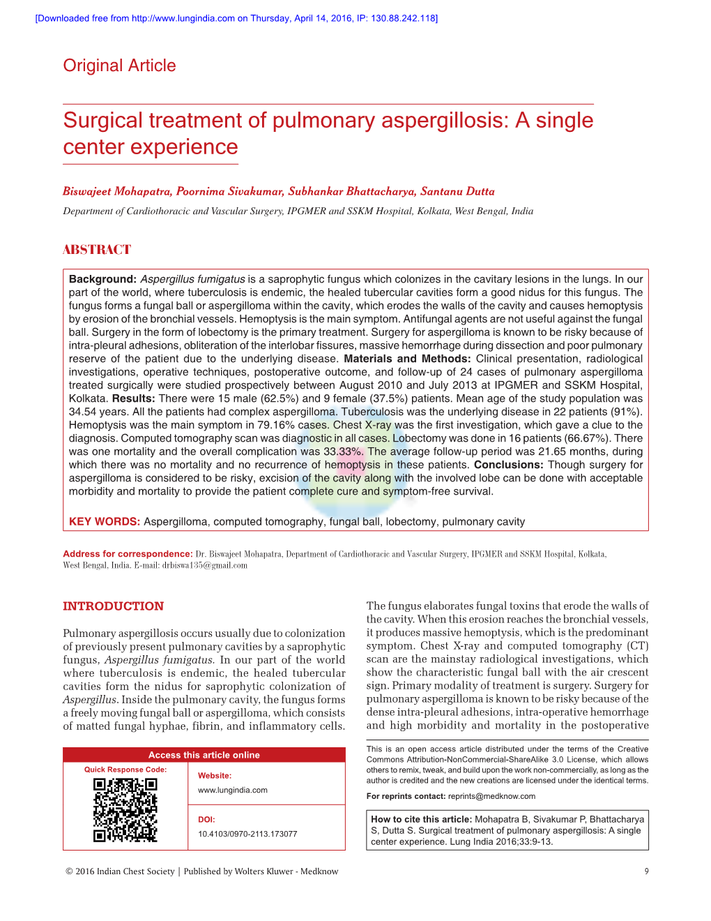 Surgical Treatment of Pulmonary Aspergillosis: a Single Center Experience