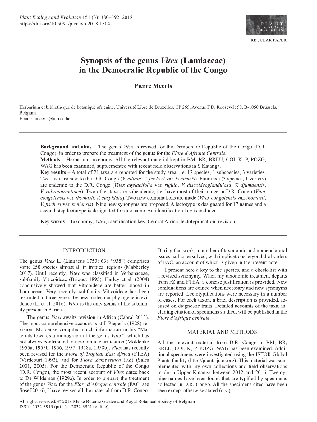 Synopsis of the Genus Vitex (Lamiaceae) in the Democratic Republic of the Congo