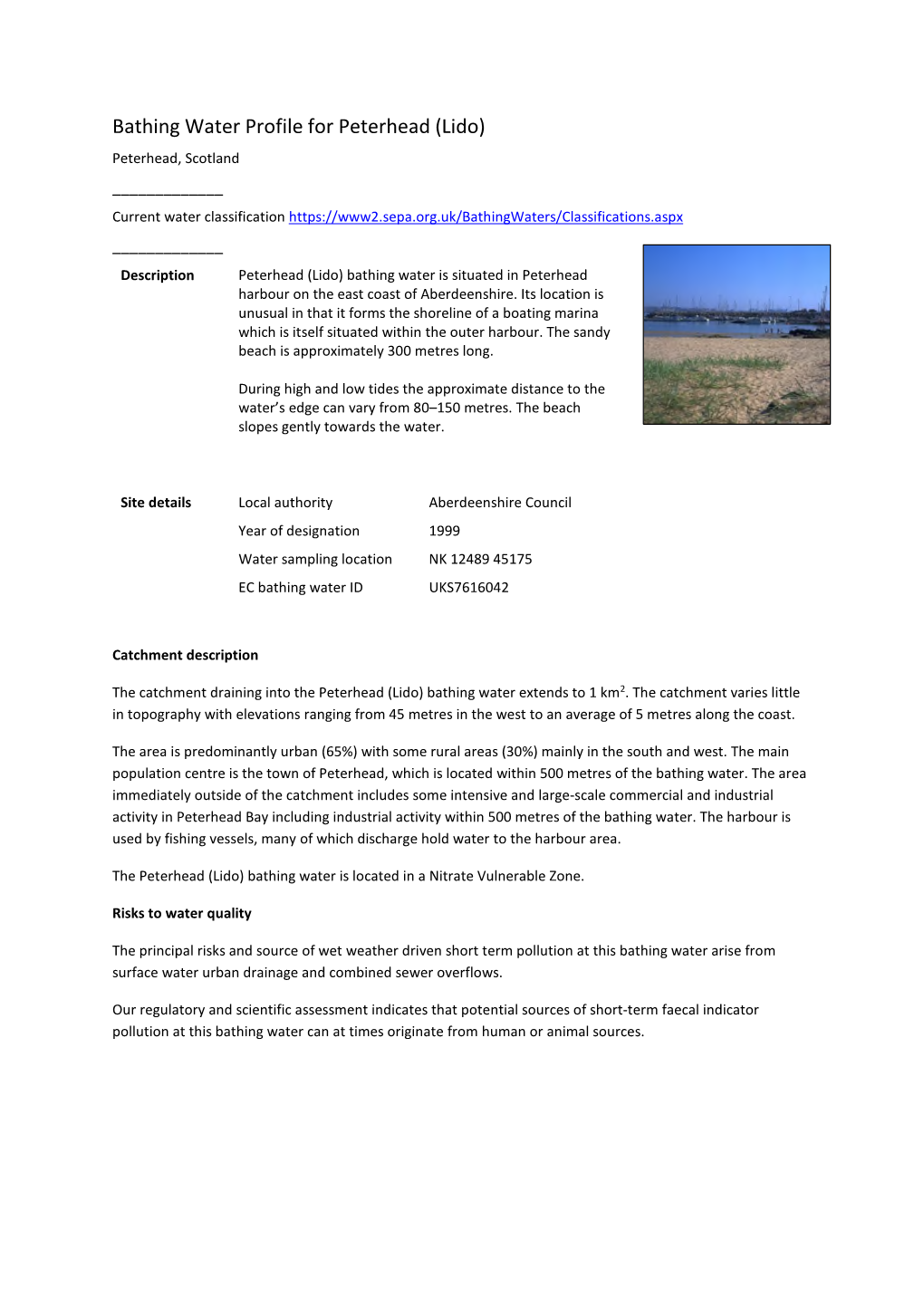 Bathing Water Profile for Peterhead (Lido)