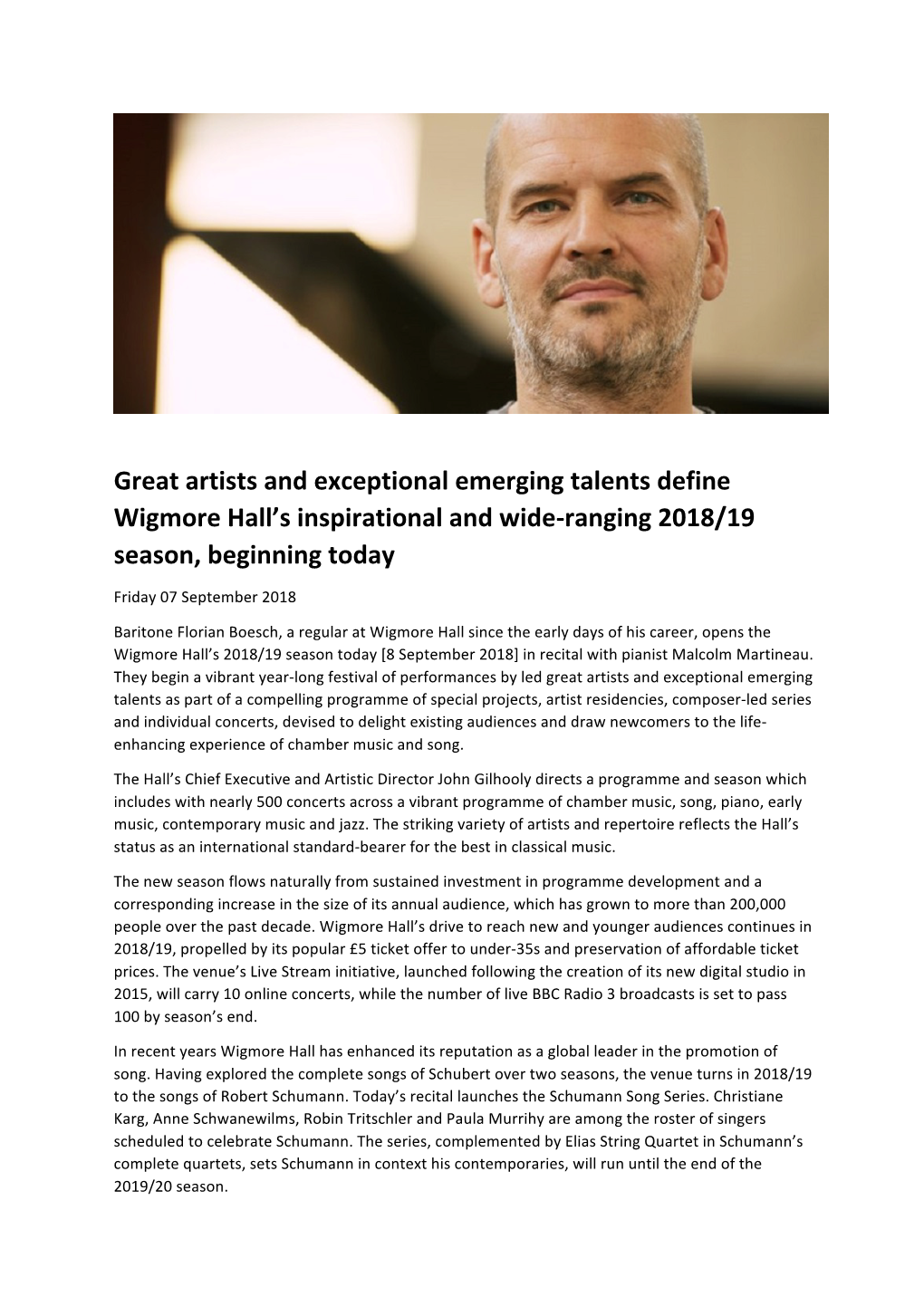 Great Artists and Exceptional Emerging Talents Define Wigmore Hall's Inspirational and Wide-Ranging 2018/19 Season, Beginnin