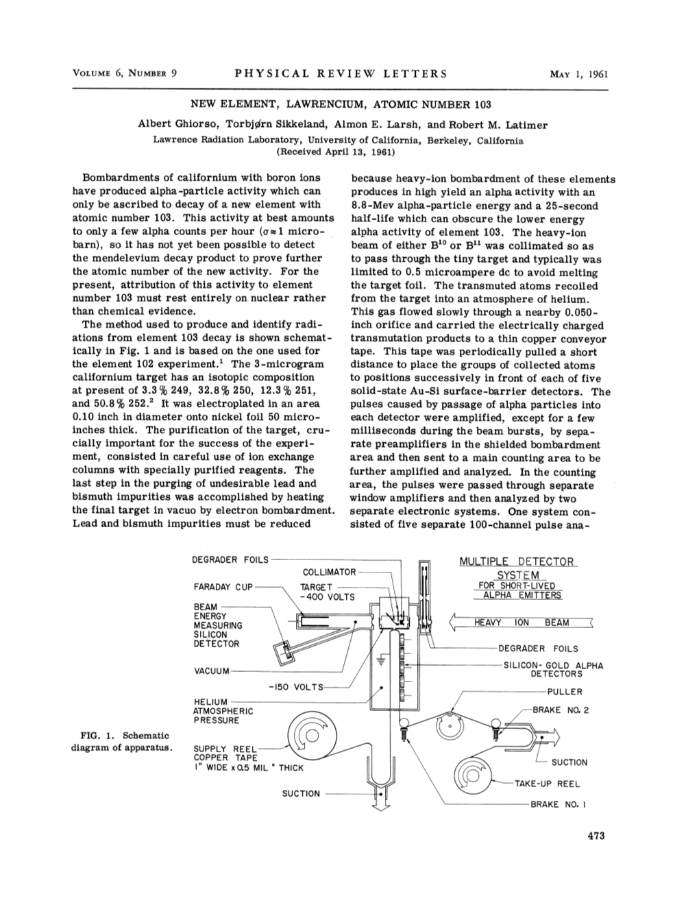 NEW ELEMENT, LAWRENCIUM, ATOMIC NUMBER 103 Albert Ghiorso, Torbjgrn Sikkeland, Almon E