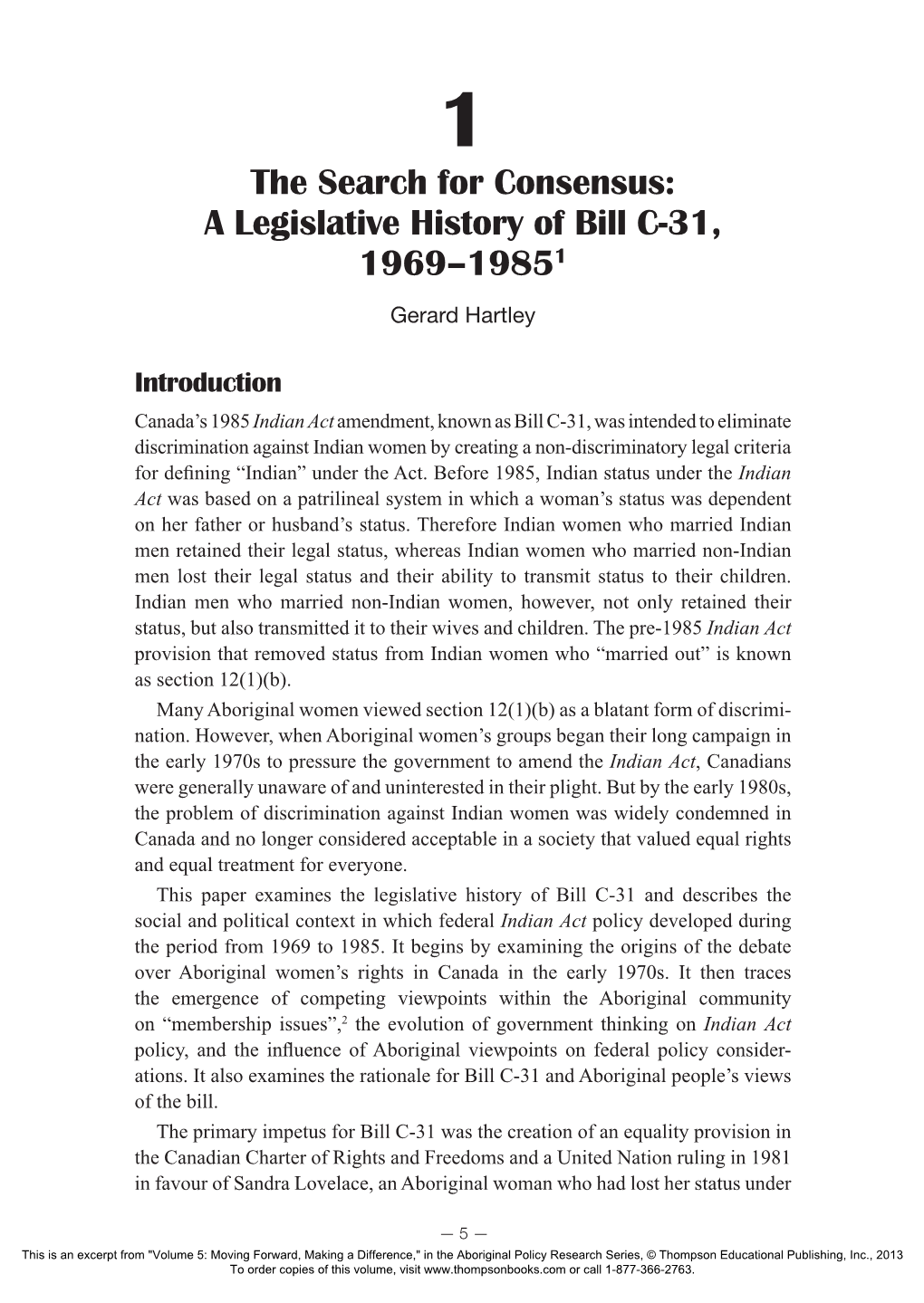 A Legislative History of Bill C-31, 1969–19851 Gerard Hartley