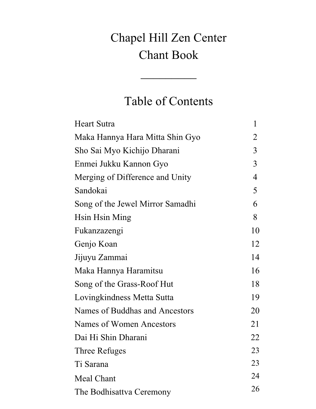 Chapel Hill Zen Center Chant Book ___Table of Contents