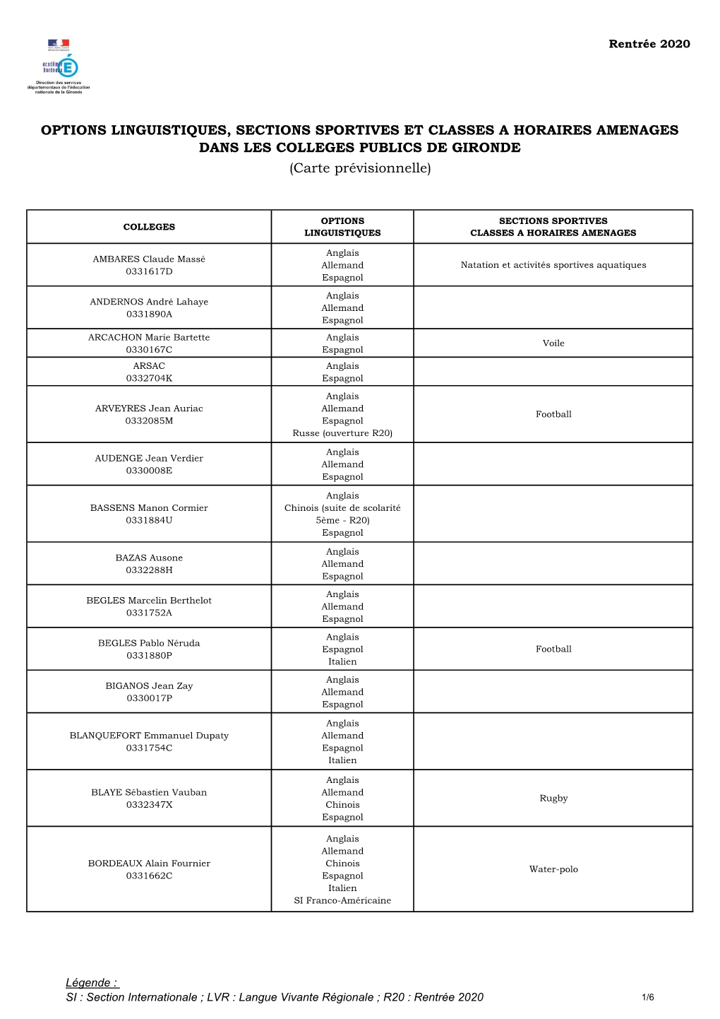 OPTIONS LINGUISTIQUES, SECTIONS SPORTIVES ET CLASSES a HORAIRES AMENAGES DANS LES COLLEGES PUBLICS DE GIRONDE (Carte Prévisionnelle)