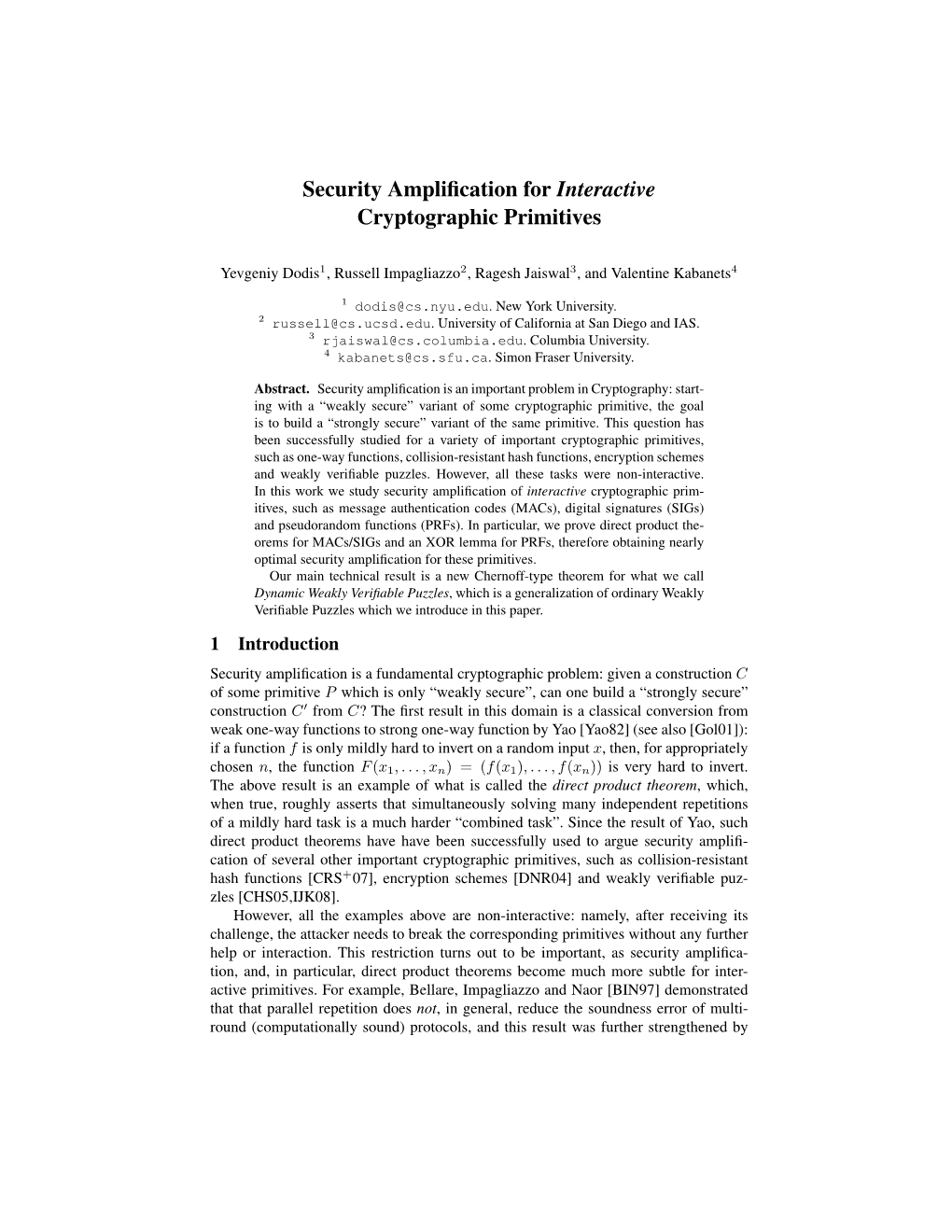 Security Amplification for Interactive Cryptographic Primitives