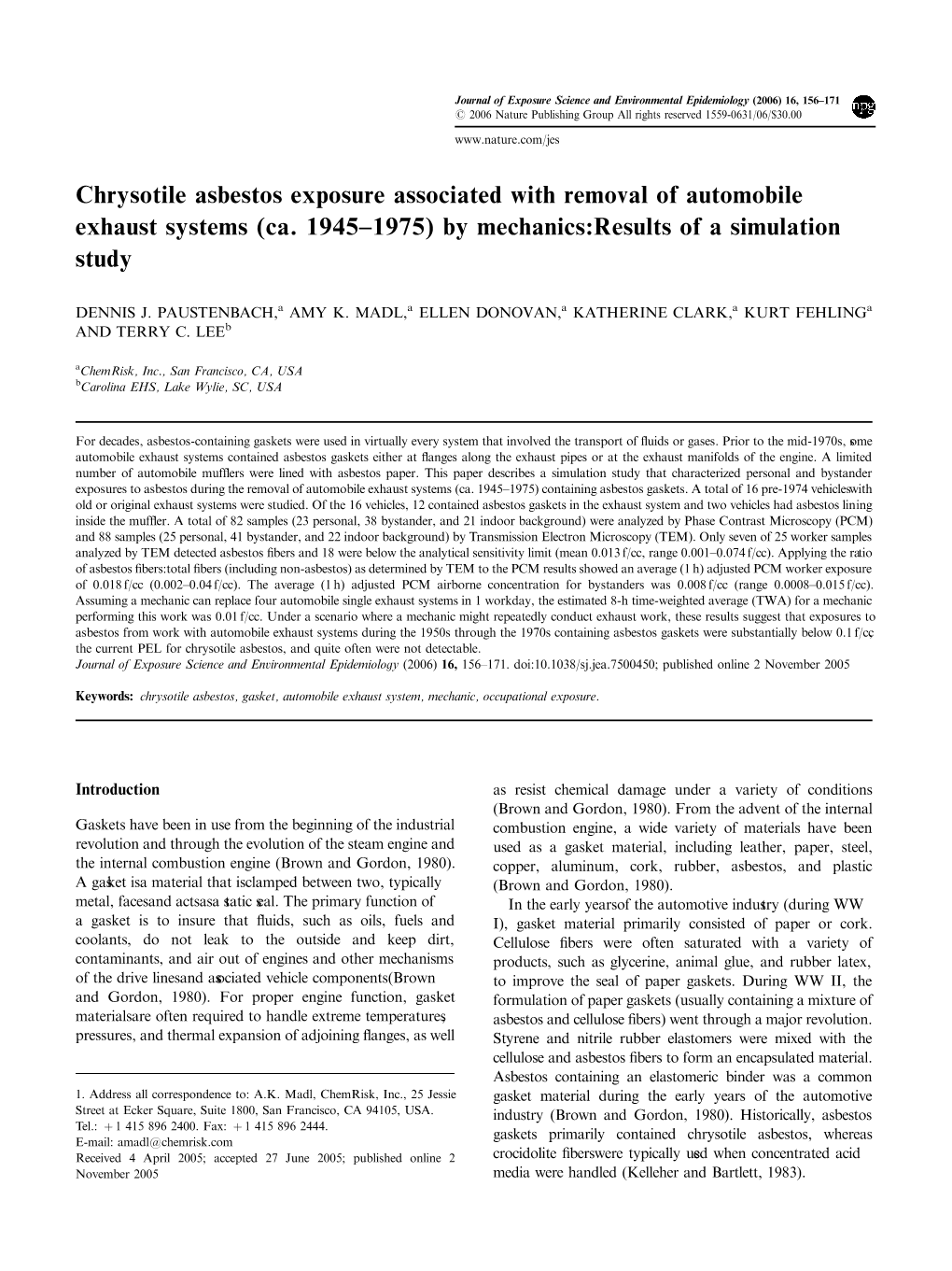 Chrysotile Asbestos Exposure Associated with Removal of Automobile Exhaust Systems (Ca