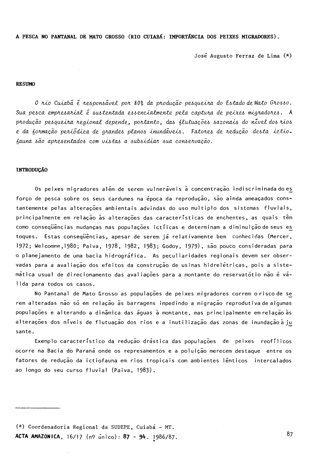 Rio Cuiabá: Importância Dos Peixes Migradores)