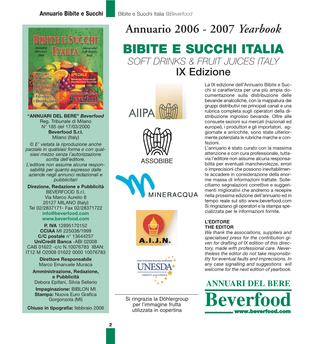 Beverfood Annuario 2006 - 2007 Yearbook BIBITE E SUCCHI ITALIA SOFT DRINKS & FRUIT JUICES ITALY IX Edizione