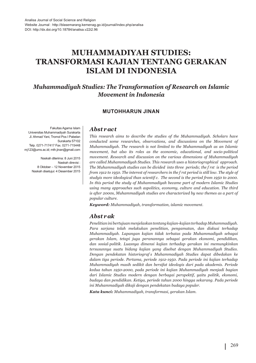 Muhammadiyah Studies: Transformasi Kajian Tentang Gerakan Islam Di Indonesia