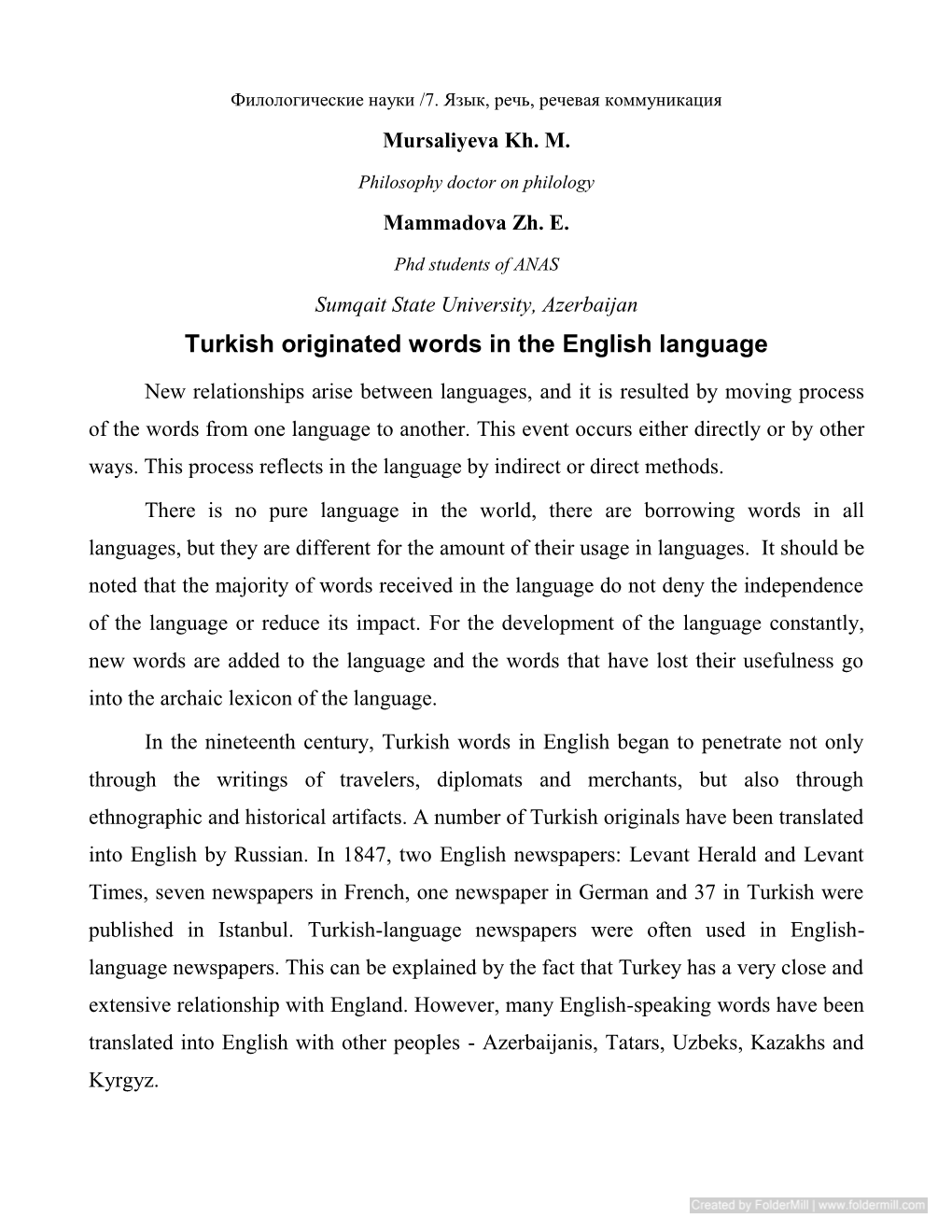 Turkish Originated Words in the English Language