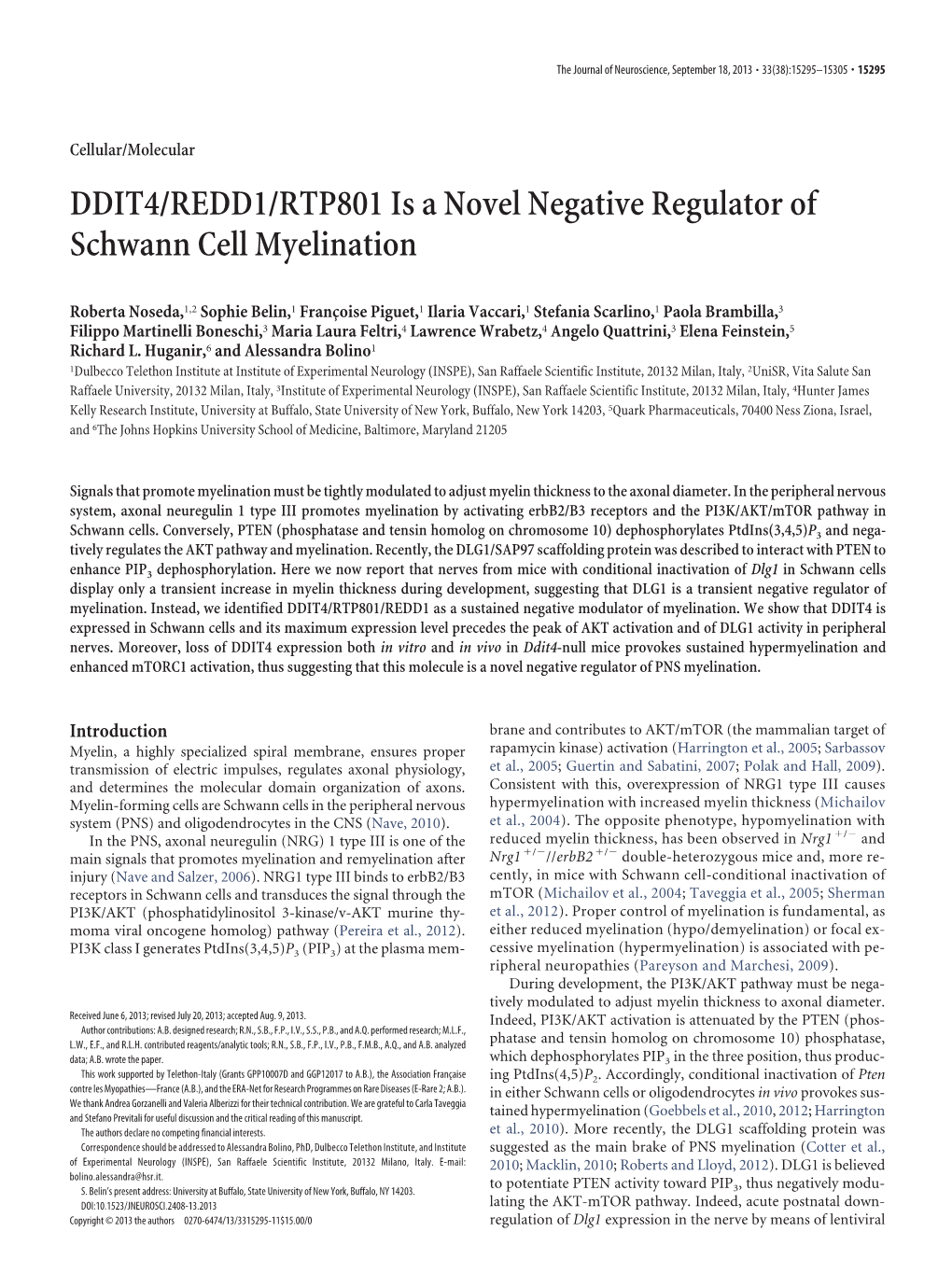 DDIT4/REDD1/RTP801 Is a Novel Negative Regulator of Schwann Cell Myelination