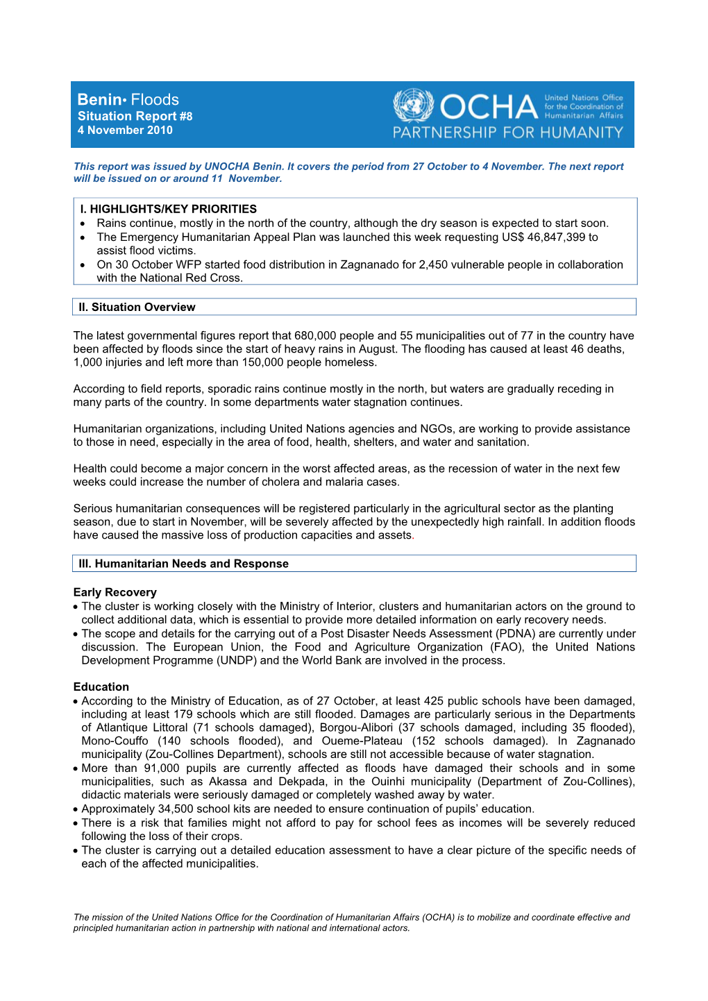 Benin• Floods Situation Report #8 4 November 2010