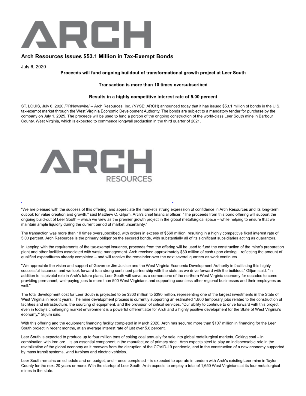 Arch Resources Issues $53.1 Million in Tax-Exempt Bonds