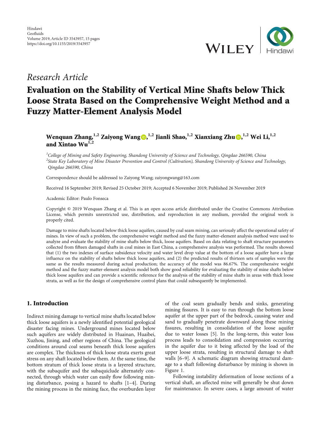 Evaluation on the Stability of Vertical Mine Shafts Below Thick Loose Strata Based on the Comprehensive Weight Method and a Fuzzy Matter-Element Analysis Model