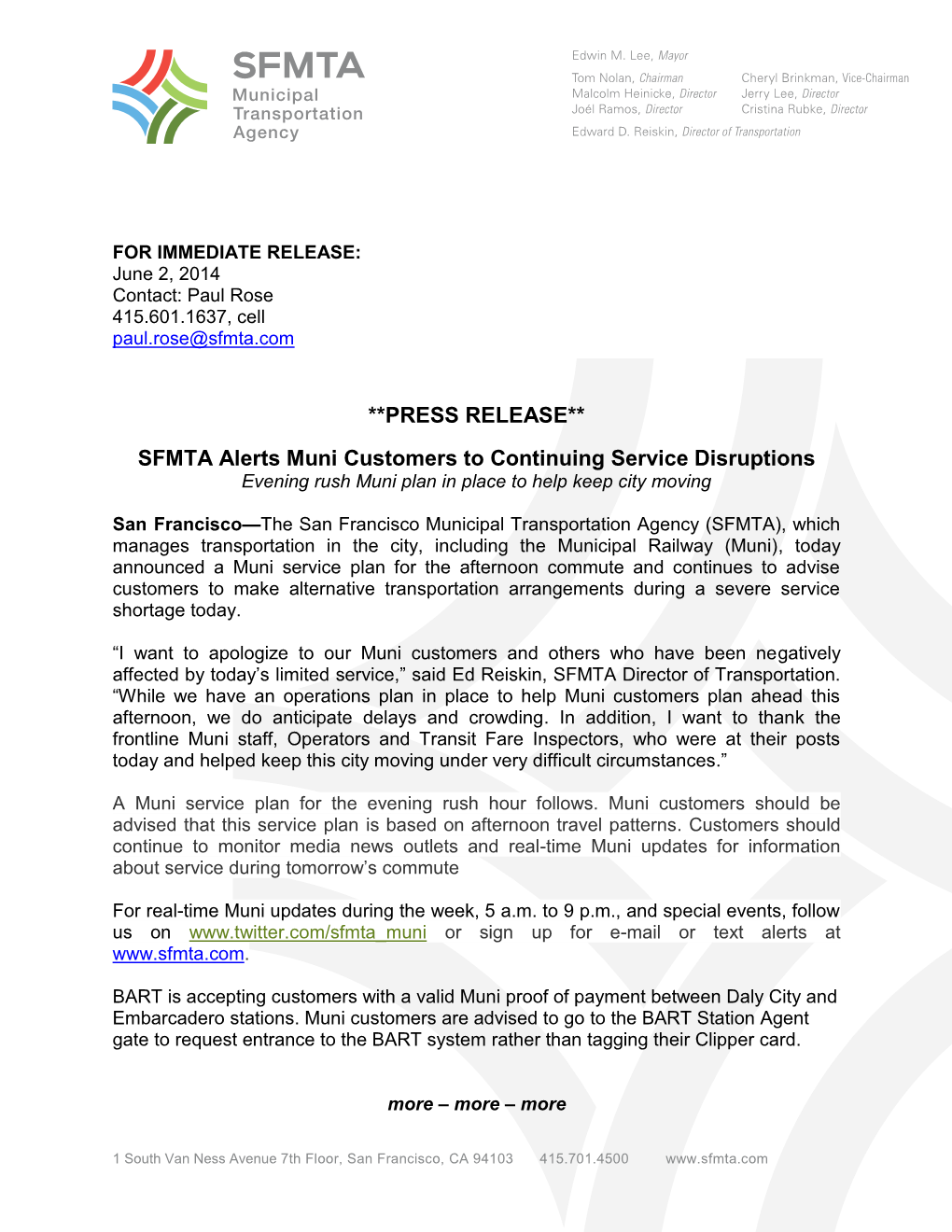 PRESS RELEASE** SFMTA Alerts Muni Customers To