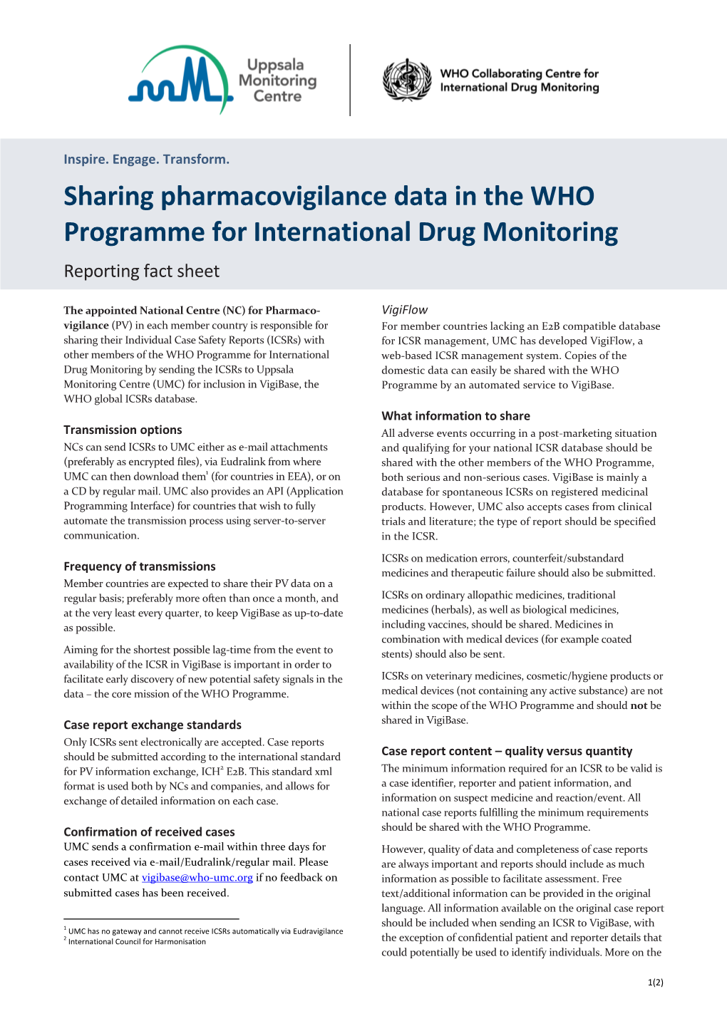 Sharing Pharmacovigilance Data in the WHO Programme for International Drug Monitoring Reporting Fact Sheet