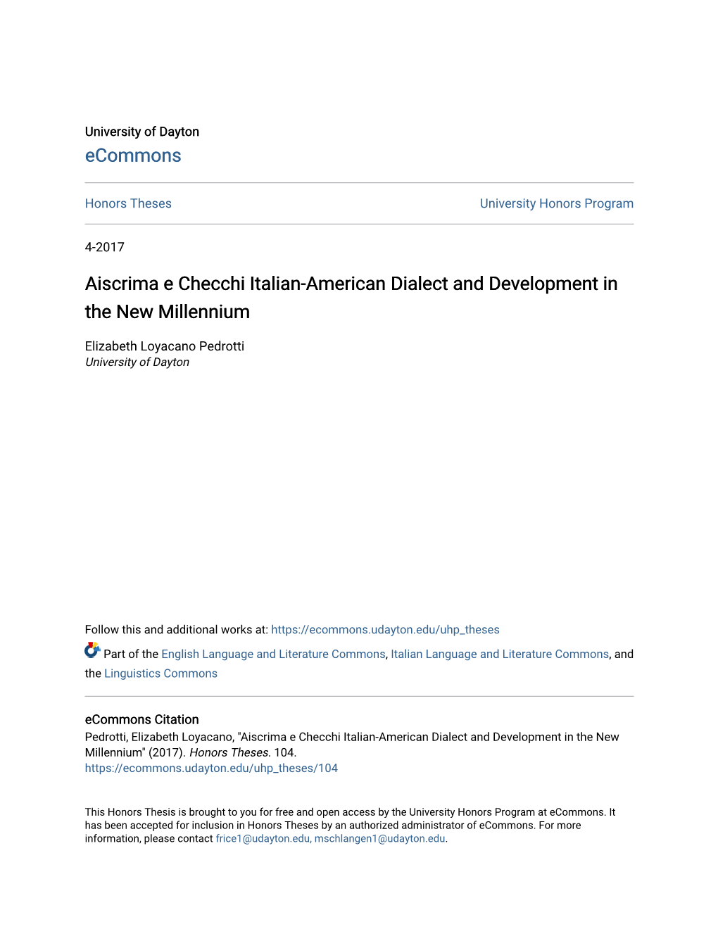 Aiscrima E Checchi Italian-American Dialect and Development in the New Millennium