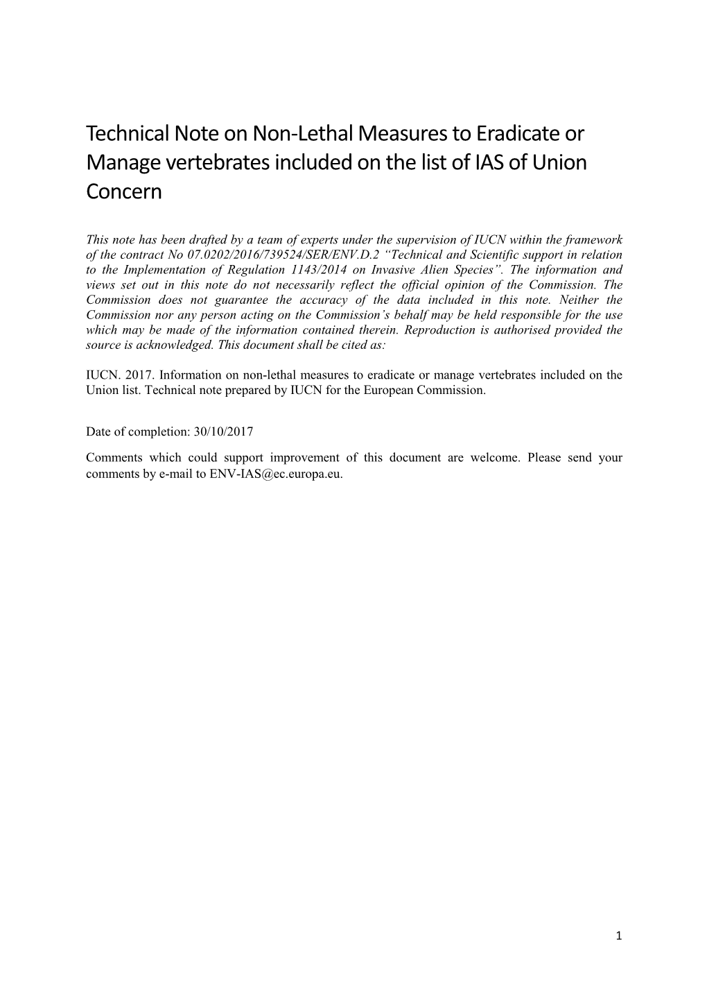 Technical Note on Non-Lethal Measures to Eradicate Or Manage Vertebrates Included on the List of IAS of Union Concern