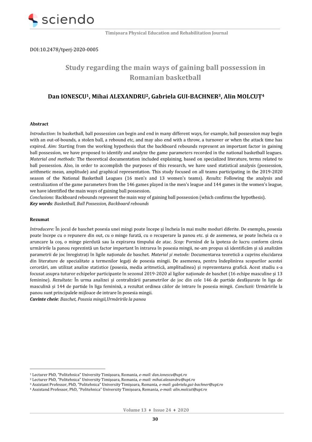 Study Regarding the Main Ways of Gaining Ball Possession in Romanian Basketball