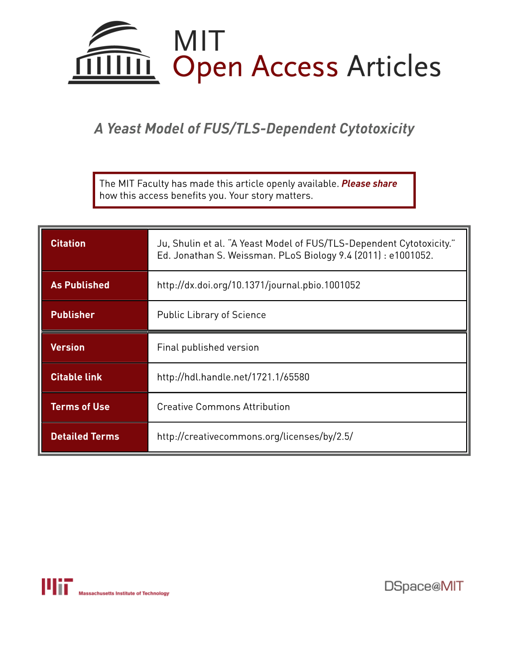 A Yeast Model of FUS/TLS-Dependent Cytotoxicity