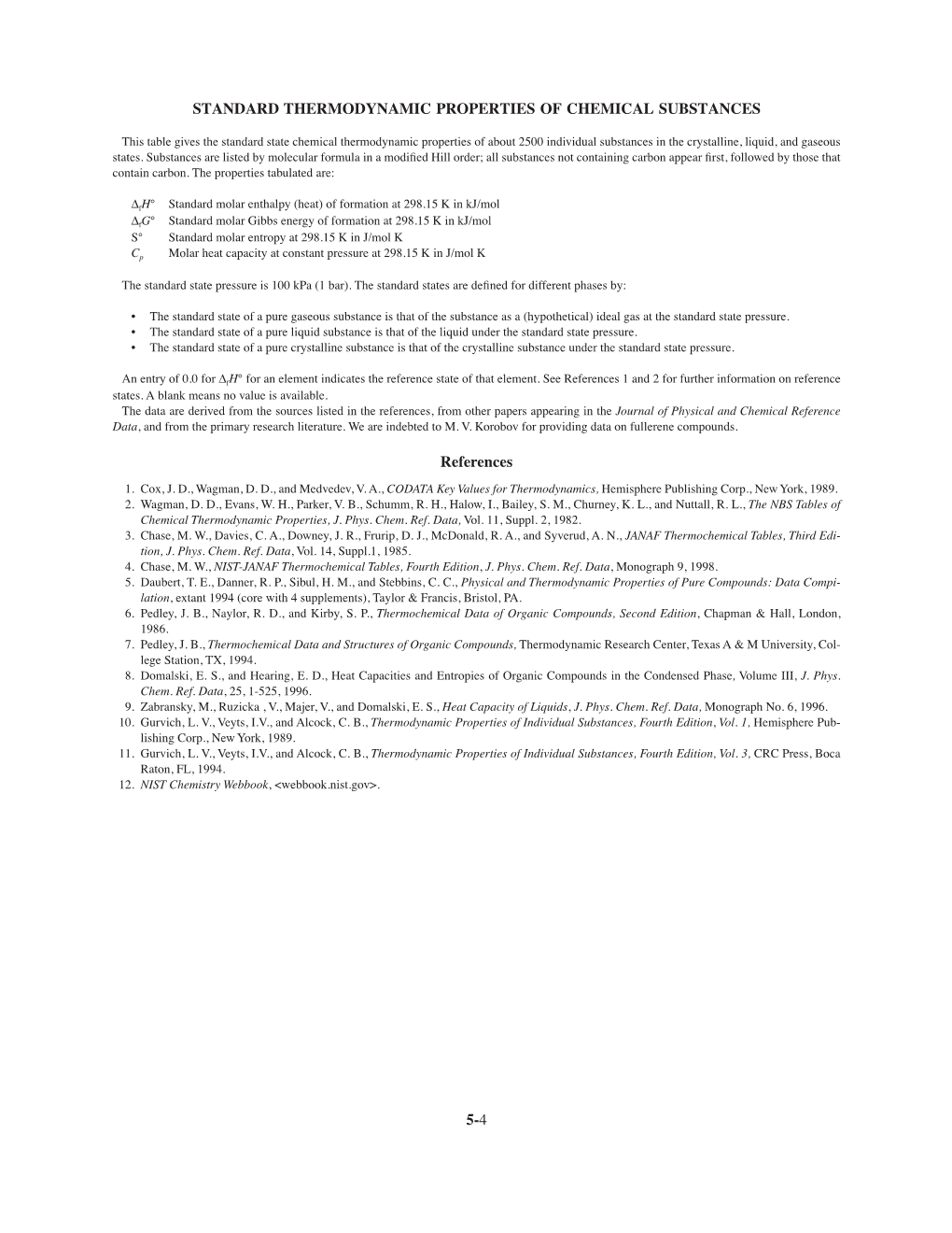 This Table Gives the Standard State Chemical Thermodynamic Properties of About 2500 Individual Substances in the Crystalline, Liquid, and Gaseous States