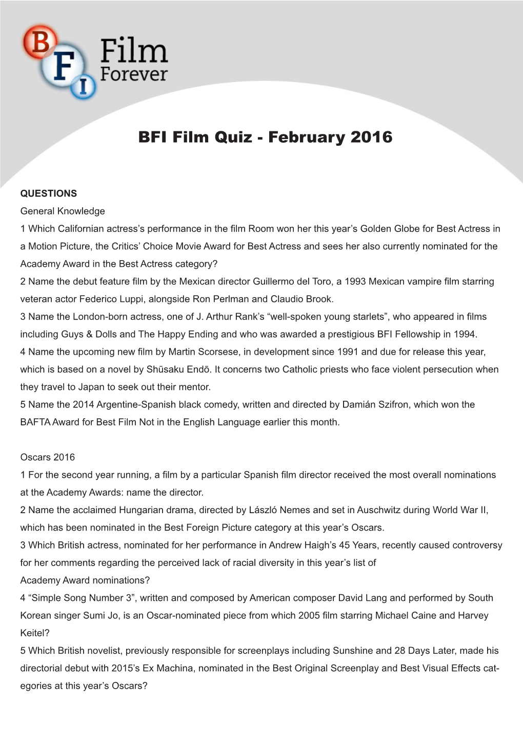 BFI Film Quiz - February 2016