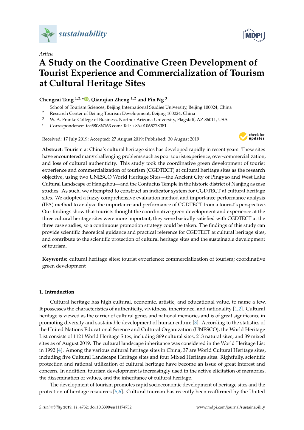 A Study on the Coordinative Green Development of Tourist Experience and Commercialization of Tourism at Cultural Heritage Sites