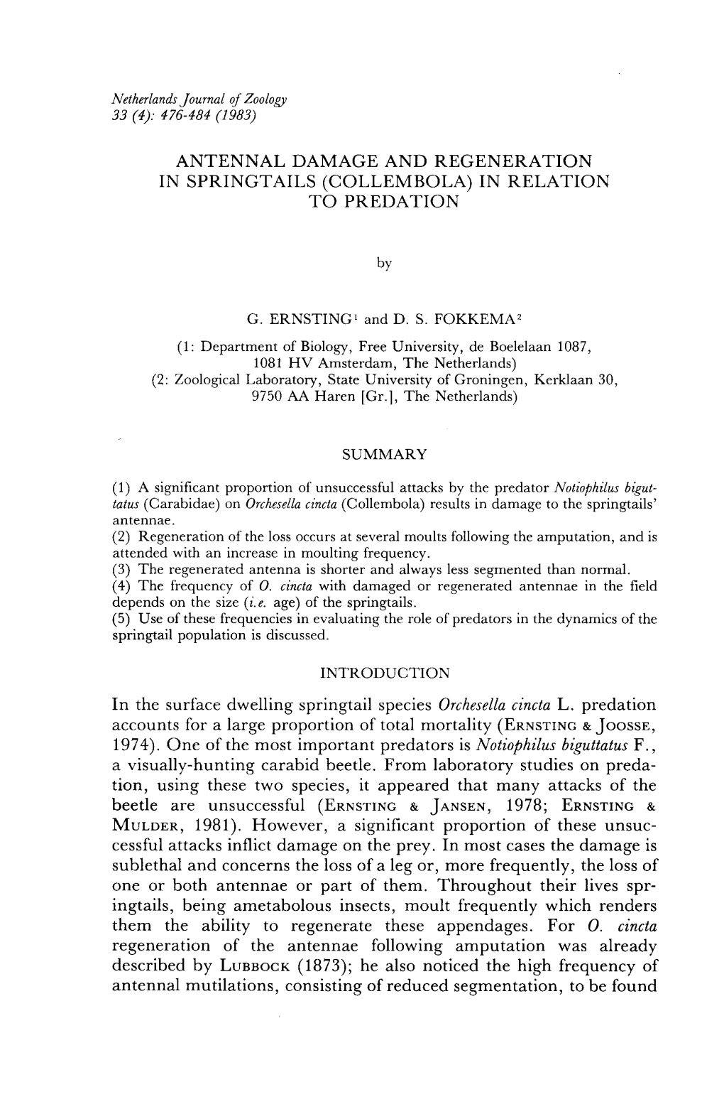 Collembola) in Relation to Predation