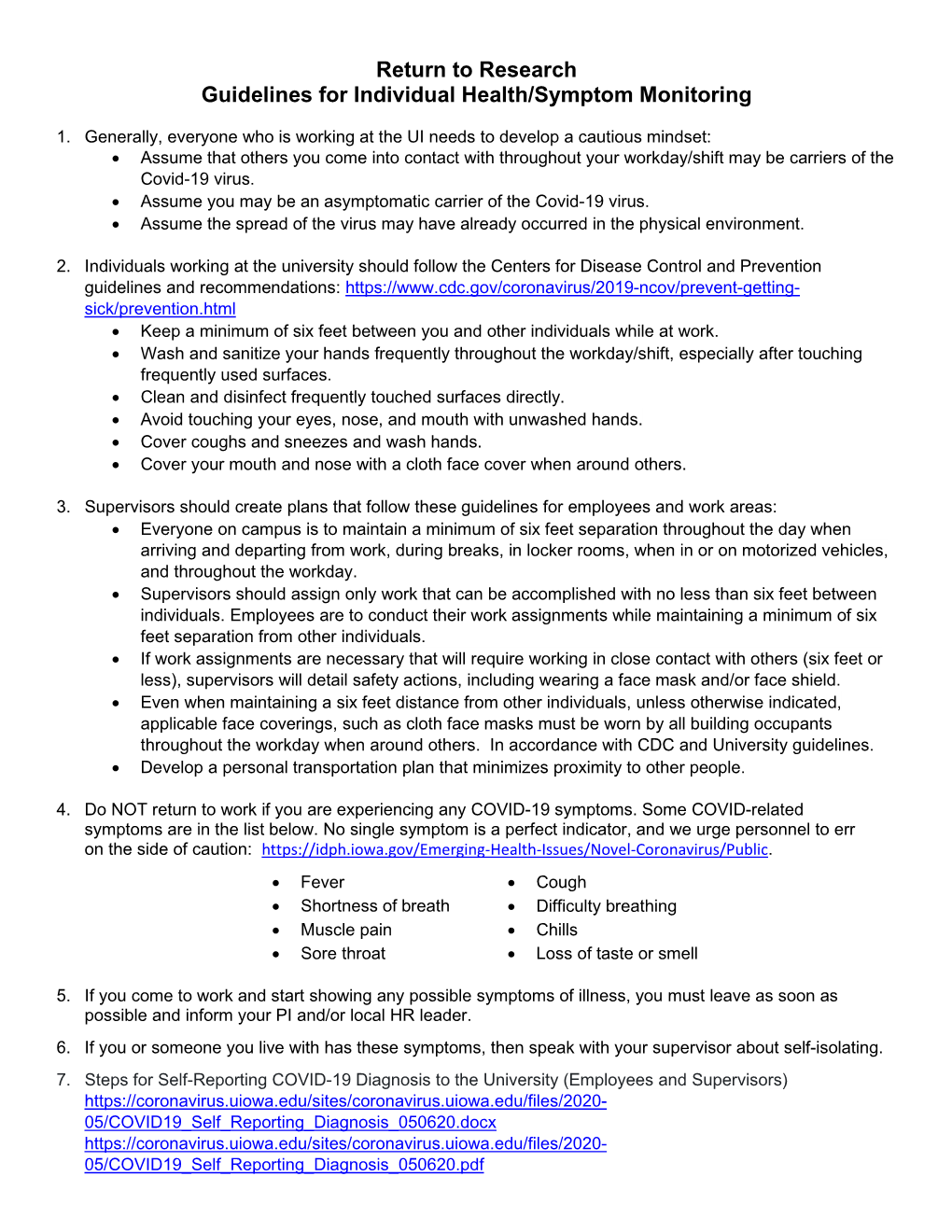 Return to Research Guidelines for Individual Health/Symptom Monitoring