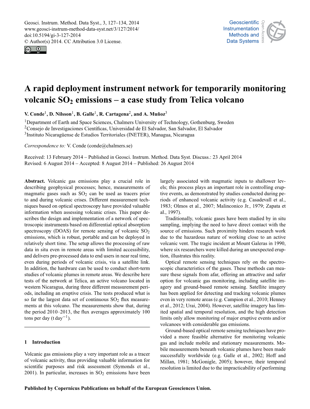 A Rapid Deployment Instrument Network for Temporarily Monitoring Volcanic SO2 Emissions – a Case Study from Telica Volcano