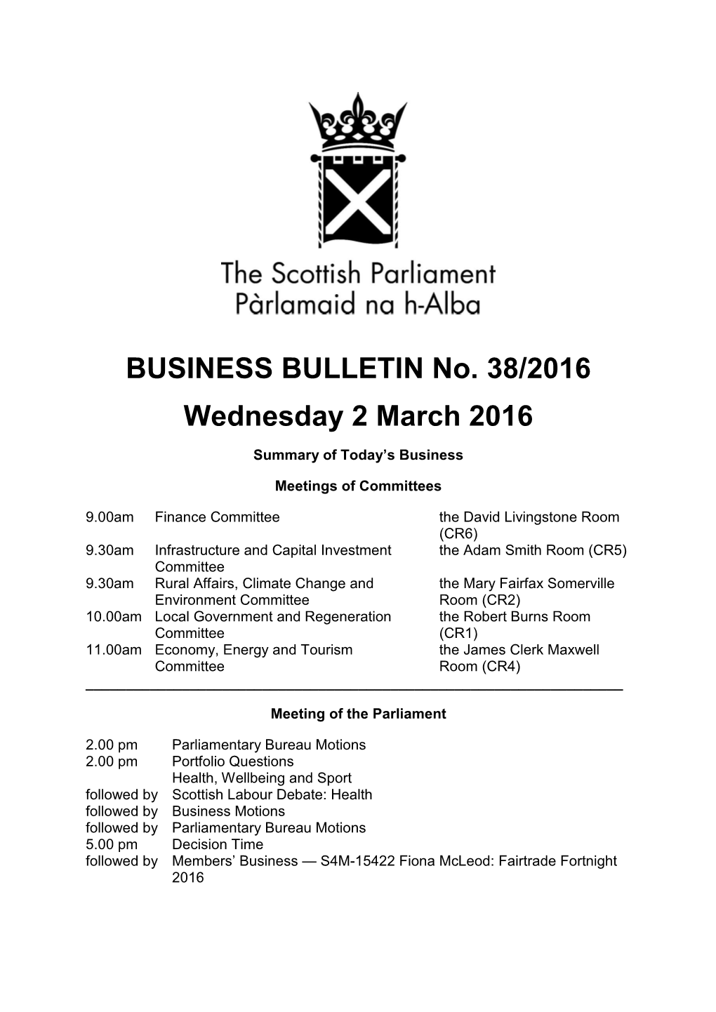 BUSINESS BULLETIN No. 38/2016 Wednesday 2 March 2016