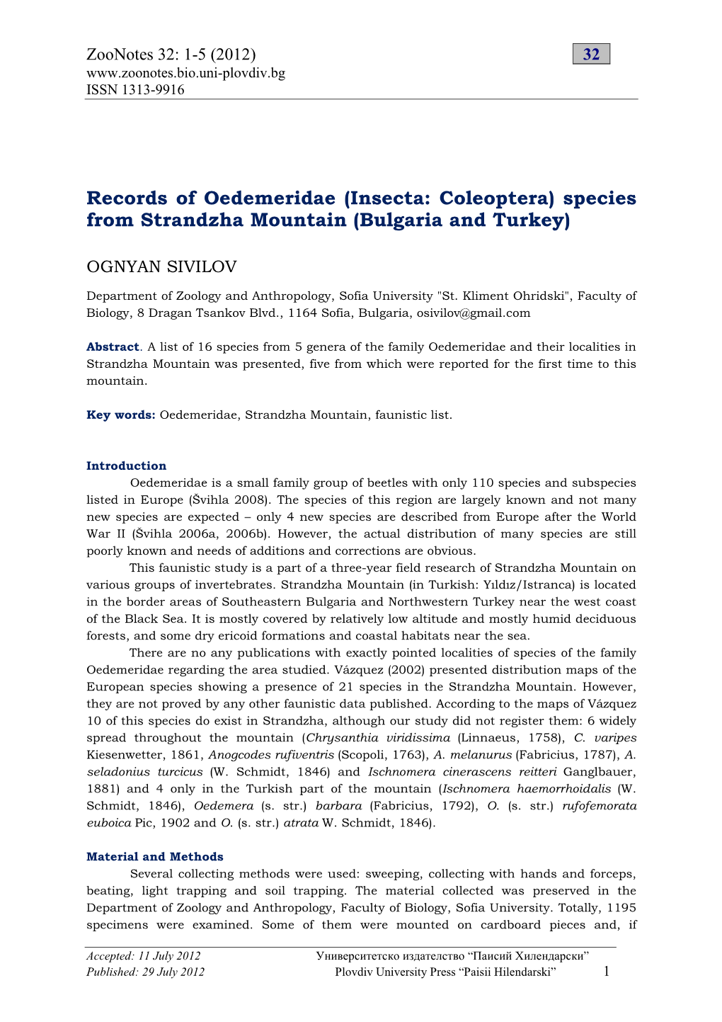 Records of Oedemeridae (Insecta: Coleoptera) Species from Strandzha Mountain (Bulgaria and Turkey)