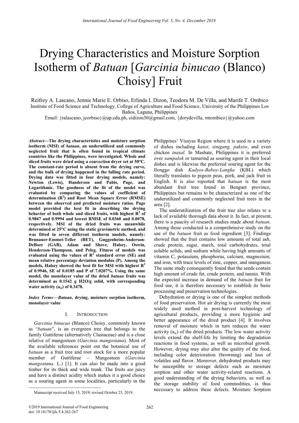 Drying Characteristics and Moisture Sorption Isotherm of Batuan [Garcinia Binucao (Blanco) Choisy] Fruit