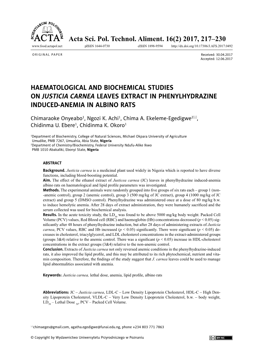 Haematological and Biochemical Studies on Justicia Carnea Leaves Extract in Phenylhydrazine Induced-Anemia in Albino Rats