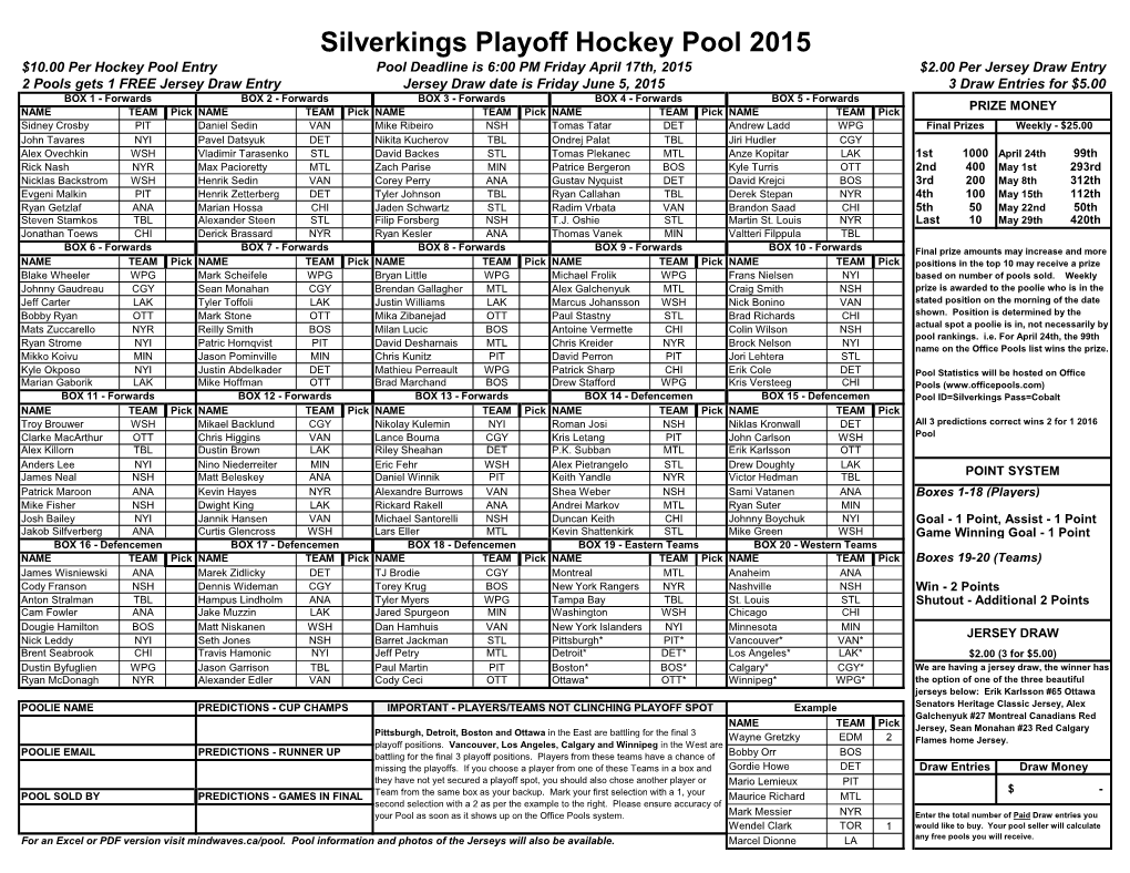 Silverkings Playoff Hockey Pool 2015