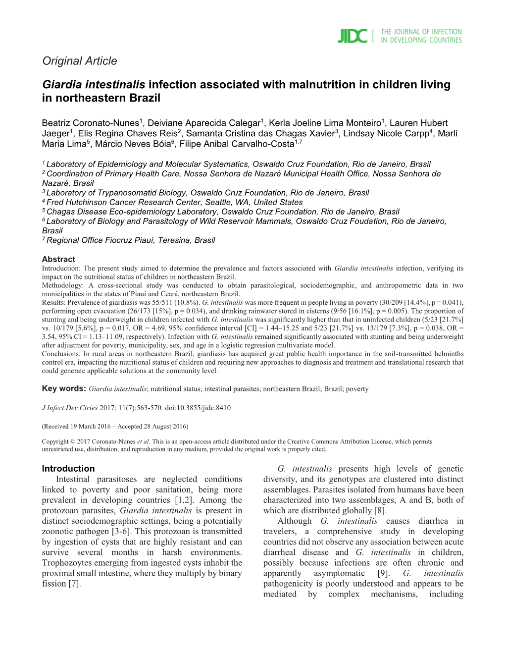 Original Article Giardia Intestinalis Infection Associated with Malnutrition in Children Living in Northeastern Brazil